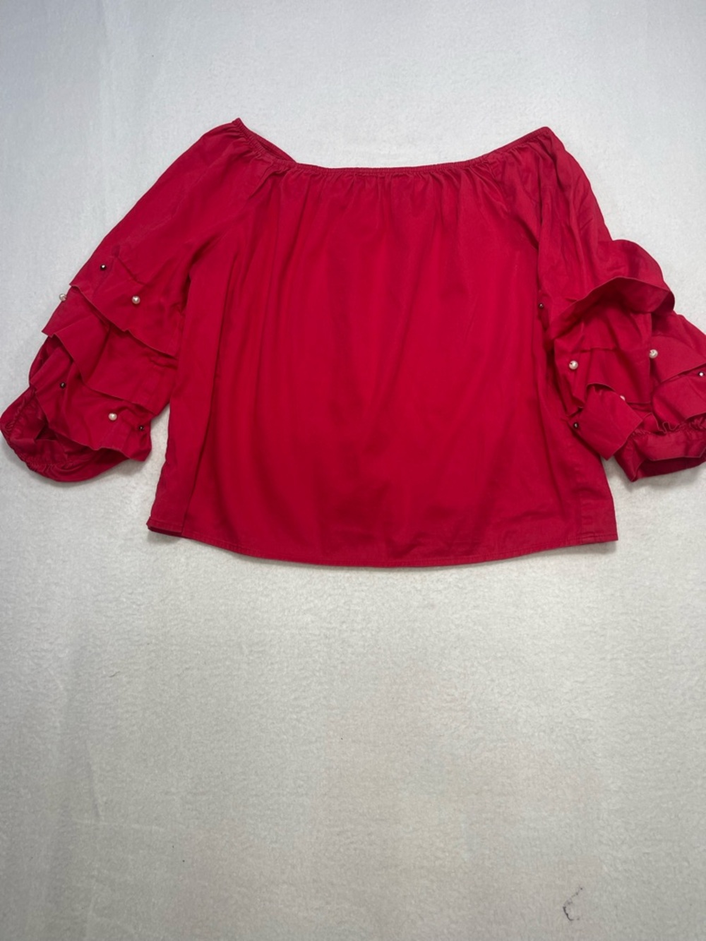 Guess Red Off Shoulder Blouse Small Ruffle Sleeve Pearl Detail Top - Picture 2 of 7